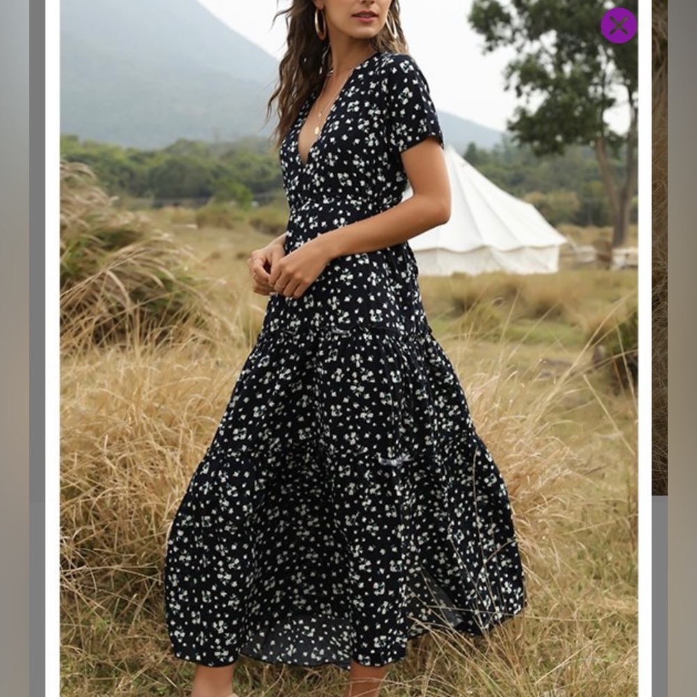 Navy floral ruffle trim midi dress